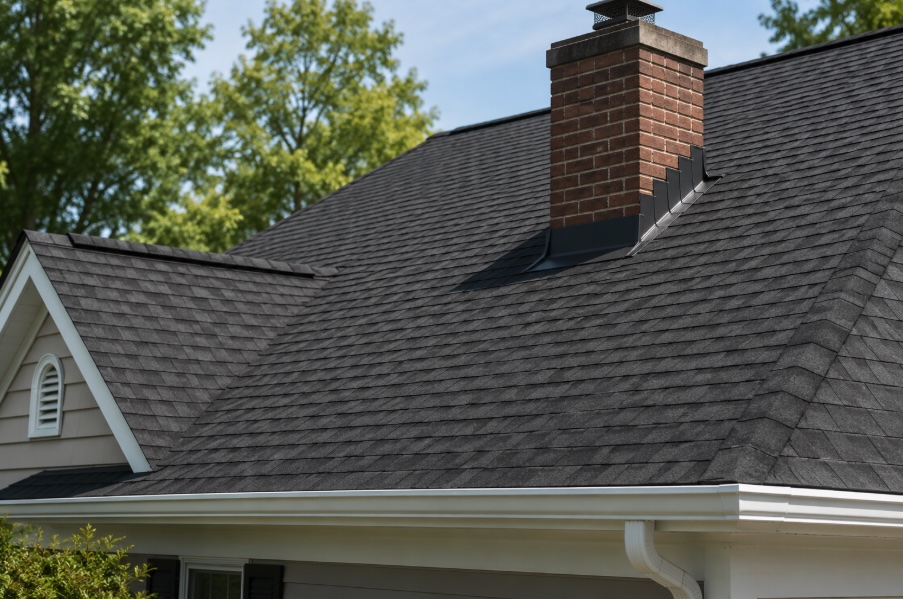 Close-up landscape photo of a suburban New Jersey home with a newly installed dark charcoal asphalt shingle roof, featuring clean ridge lines, black flashing around a brick chimney, and neatly trimmed white gutters along the roof edge under soft natural daylight.