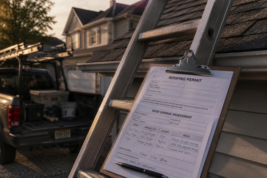 Roofing permit paperwork and inspection clipboard beside a ladder on a New Jersey job site
