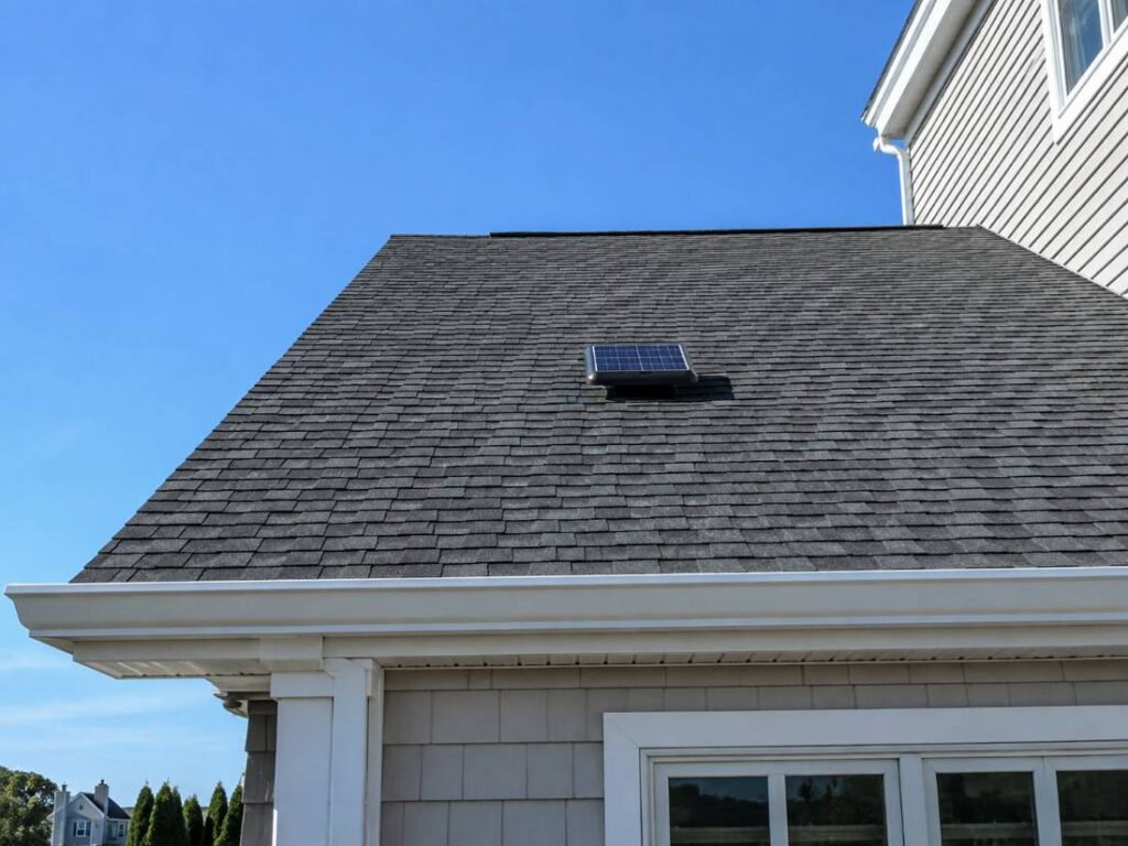 Solar powered attic fan panel mounted on a Jersey Shore home roof