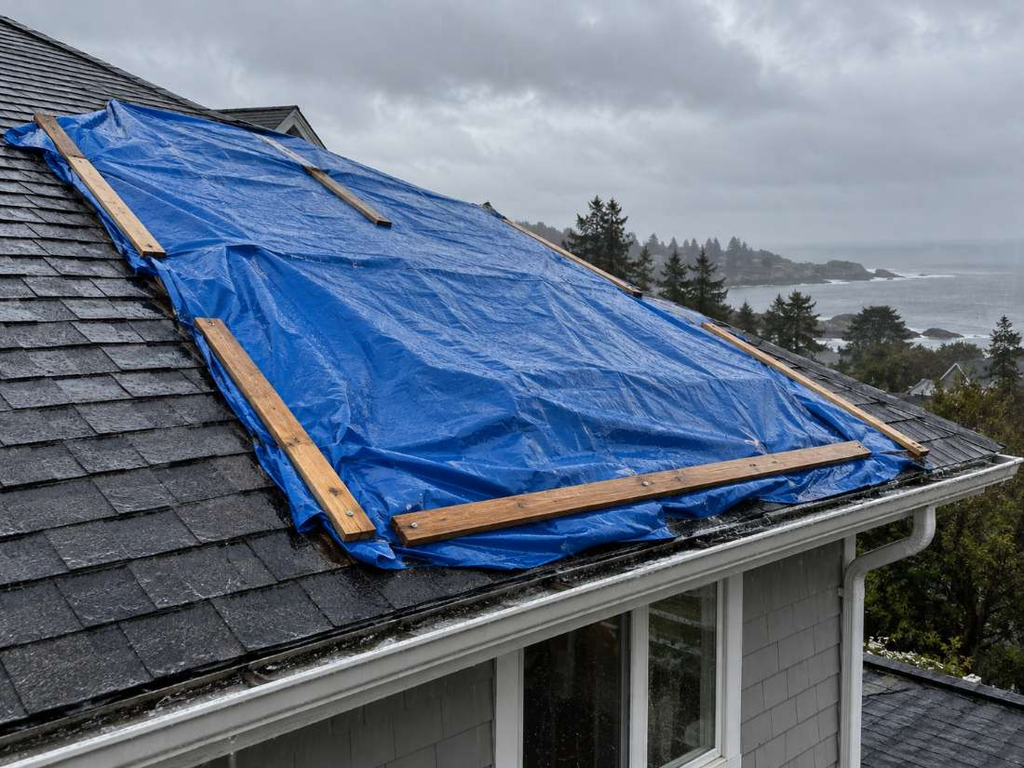 Emergency roof tarp protecting a storm-damaged roof in Bayville, NJ